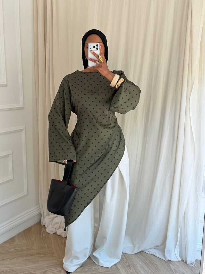 BLOUSE LONGUE À POIS KAKI