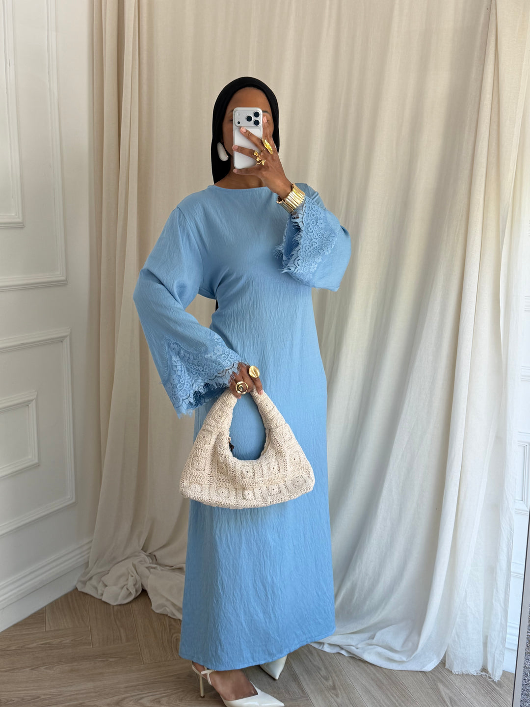 ROBE MANCHE DENTELLE PRINTEMPS BLEU CIEL