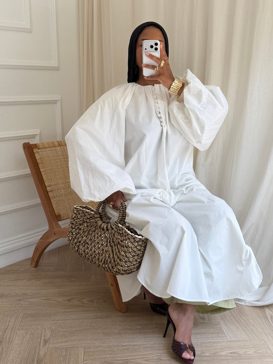 ROBE COTON FENTE MANCHES BOUFFANTES BLANC
