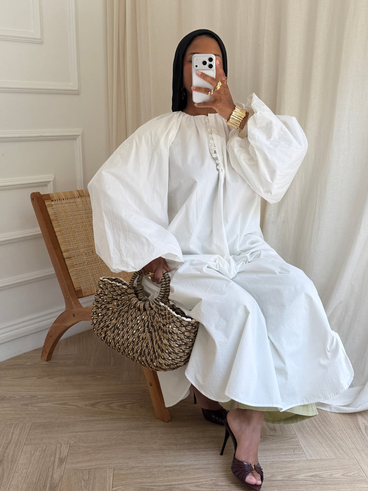ROBE COTON FENTE MANCHES BOUFFANTES BLANC