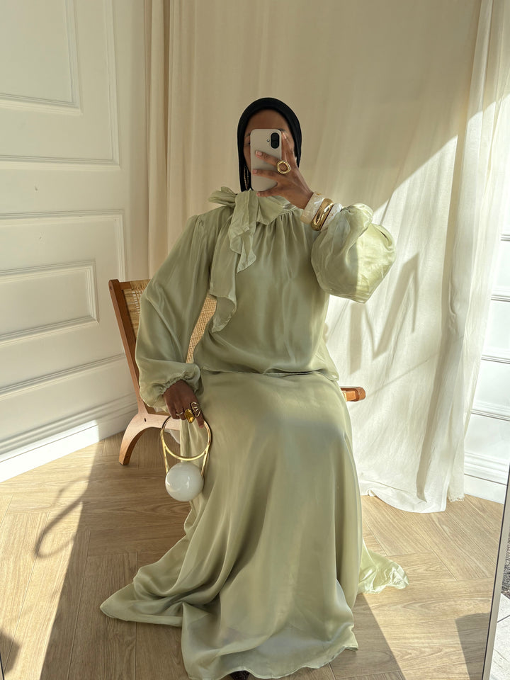 ENSEMBLE BLOUSE ET JUPE ORGANZA OLIVE