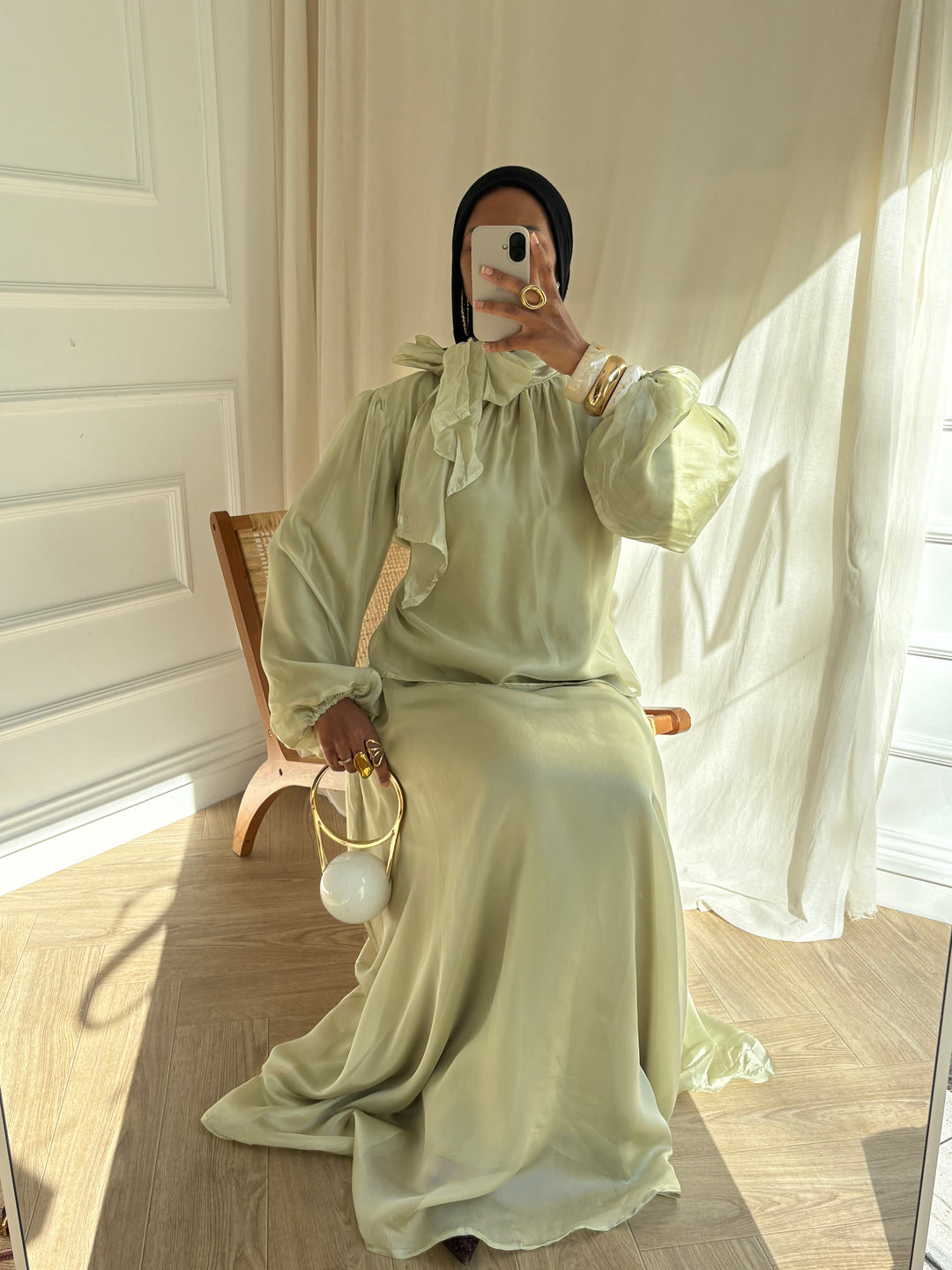 ENSEMBLE BLOUSE ET JUPE ORGANZA OLIVE