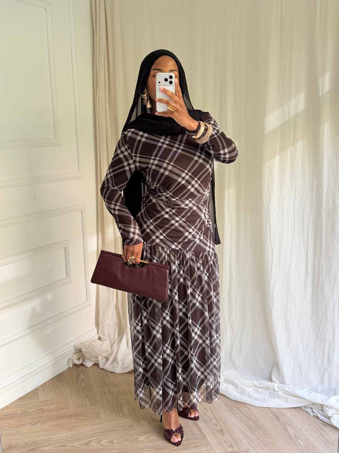 ROBE IMPRIMÉ CARREAUX MARRON