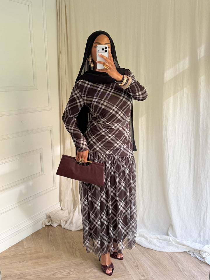 ROBE IMPRIMÉ CARREAUX MARRON