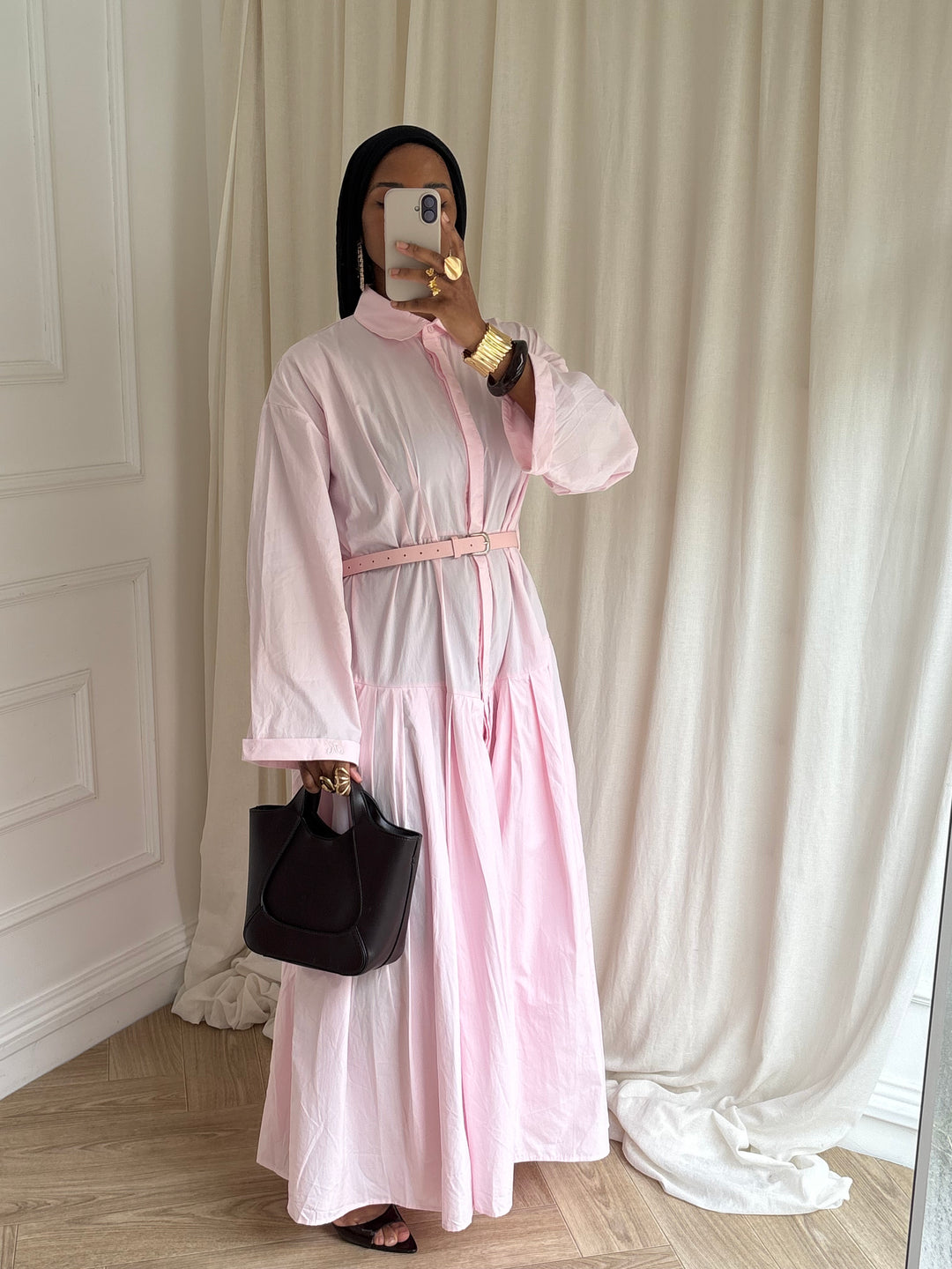 ROBE LONGUE PLISSÉE EN COTON ROSE BABY