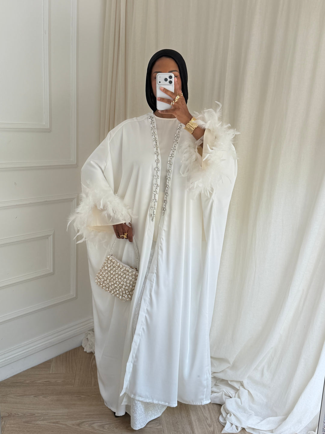 KIMONO STRASS ET PLUME BLANC