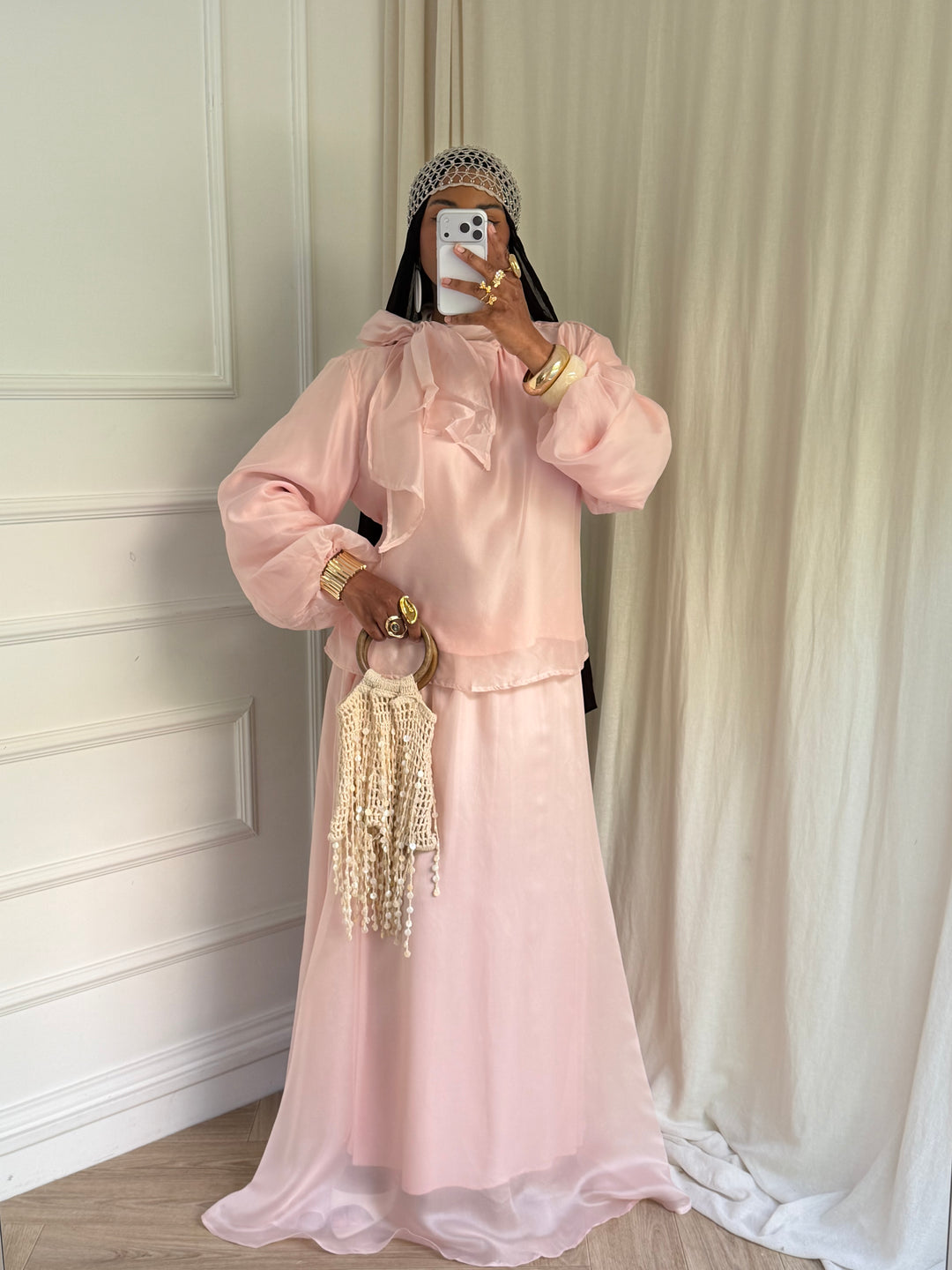 ENSEMBLE BLOUSE ET JUPE ORGANZA ROSE