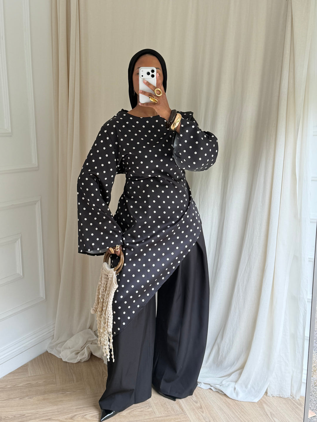 BLOUSE LONGUE À POIS NOIRE