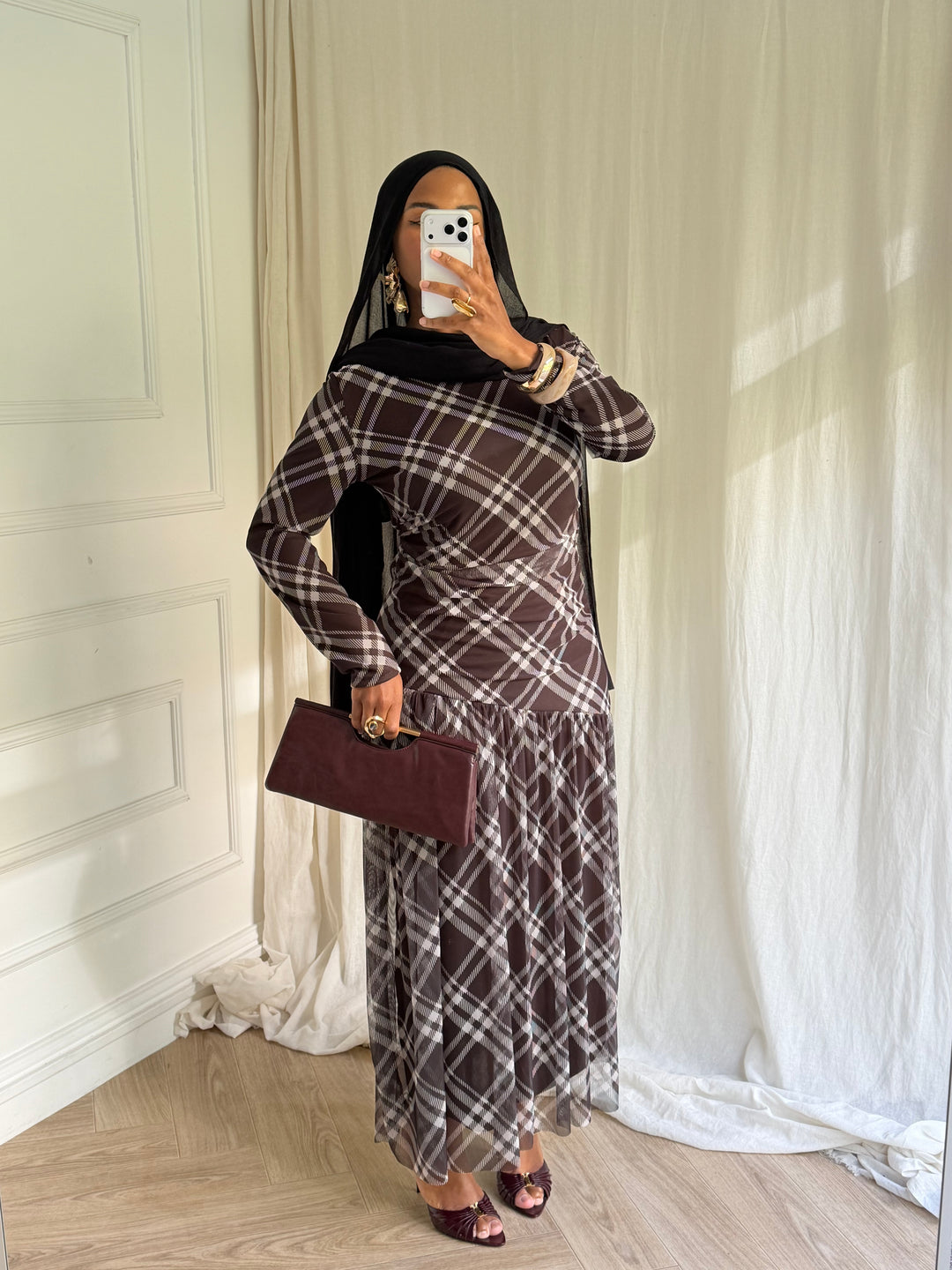 ROBE IMPRIMÉ CARREAUX MARRON
