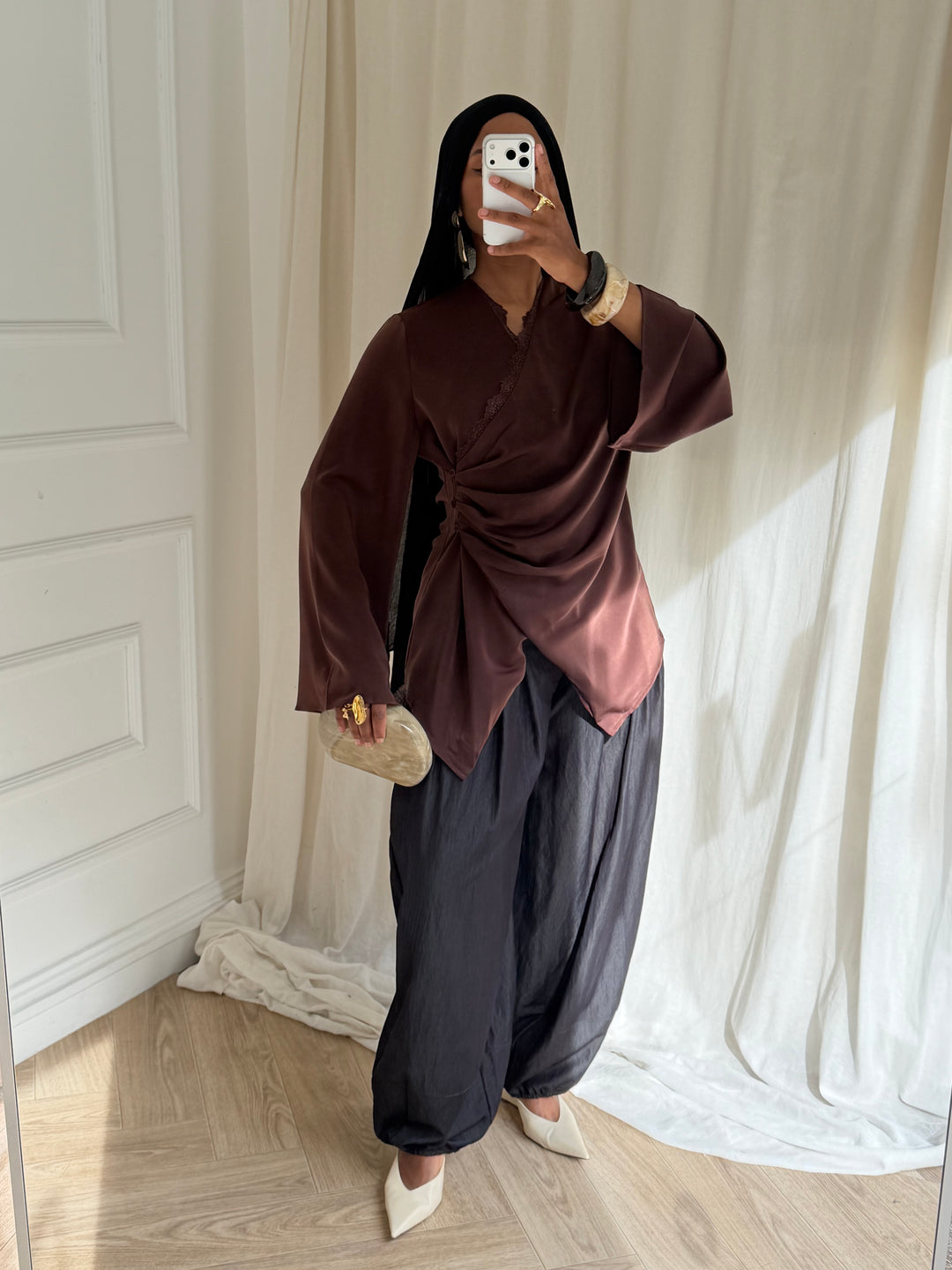 TOP SATIN DENTELLE MARRON