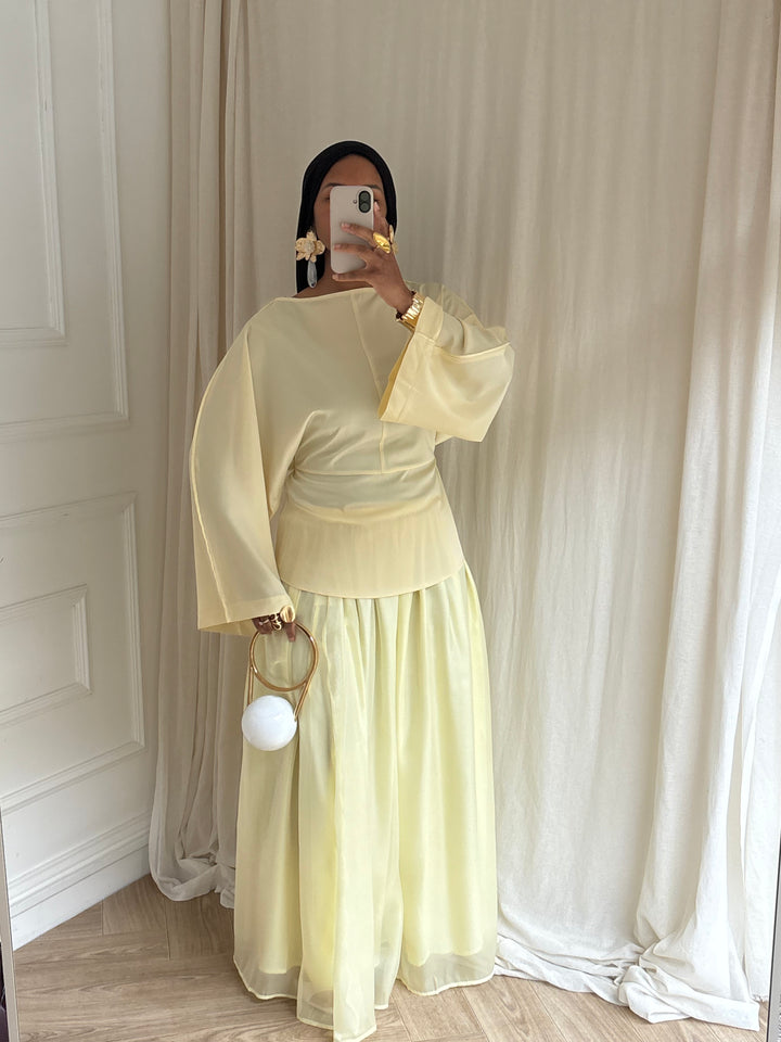 BLOUSE SATIN MANCHES ÉVASÉE JAUNE