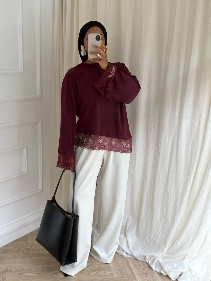 BLOUSE SATINÉE DENTELLE BORDEAUX