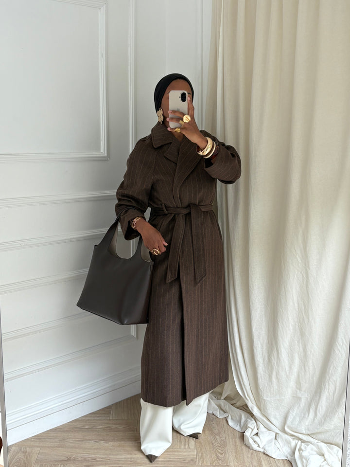 MANTEAU LONG RAYURES MARRON