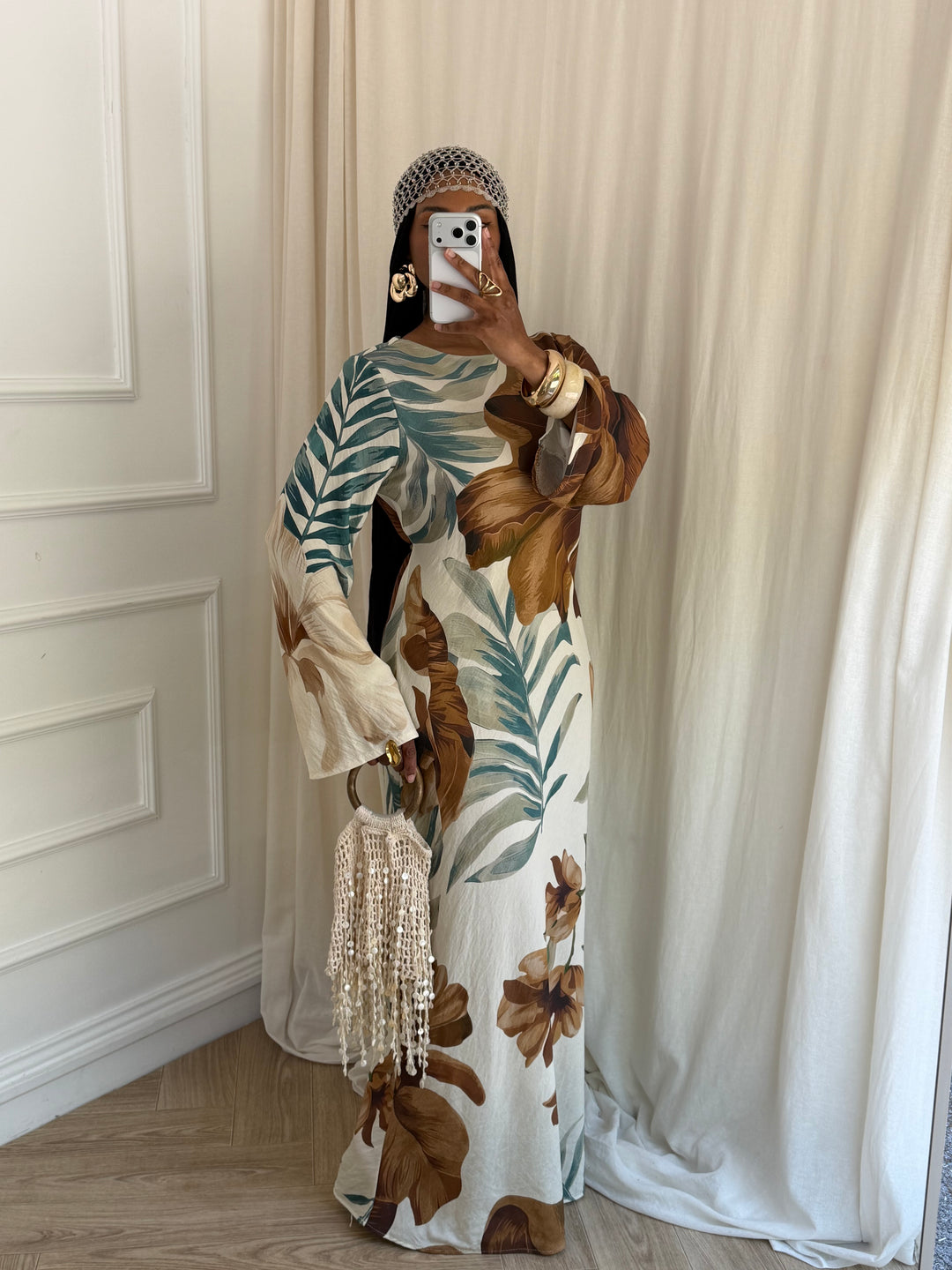 MAXI ROBE IMPRIMÉ SUMMER CAMEL ET VERT D’EAU