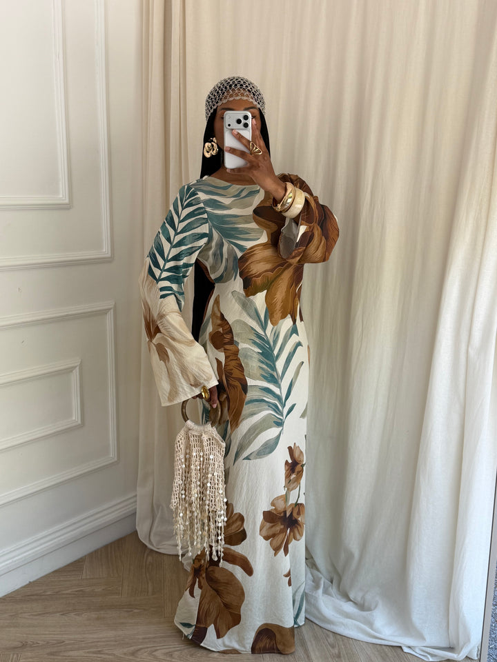 MAXI ROBE IMPRIMÉ SUMMER CAMEL ET VERT D’EAU