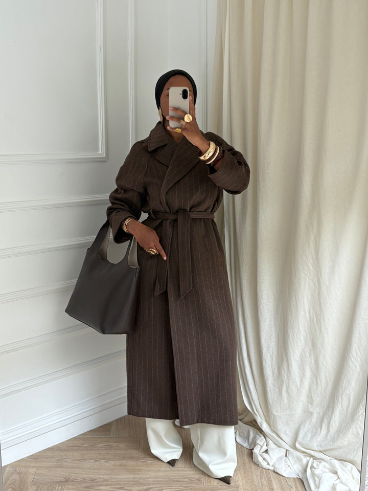 MANTEAU LONG RAYURES MARRON