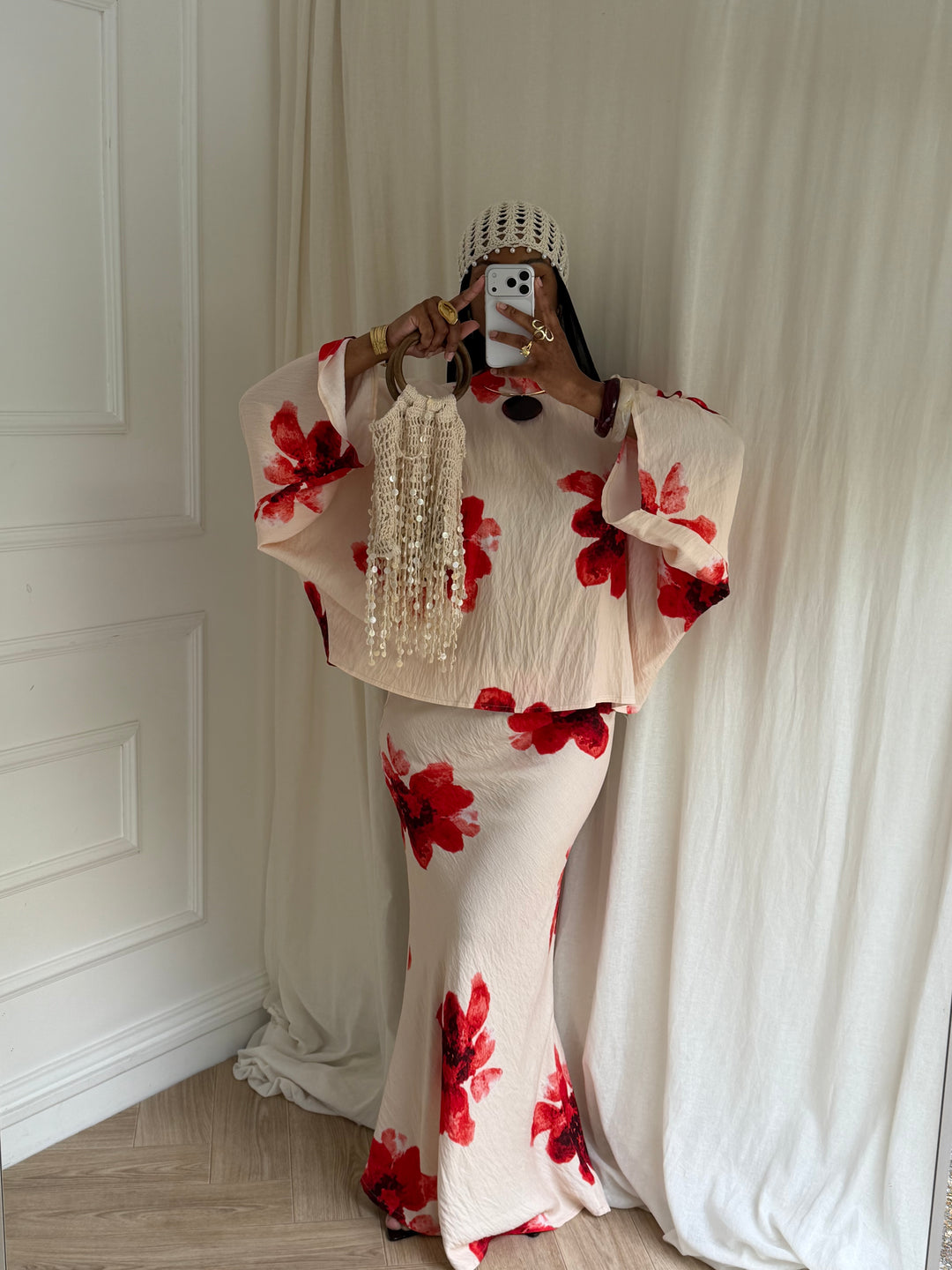ENSEMBLE SUMMER JUPE FLEURS BEIGE ET ROUGE