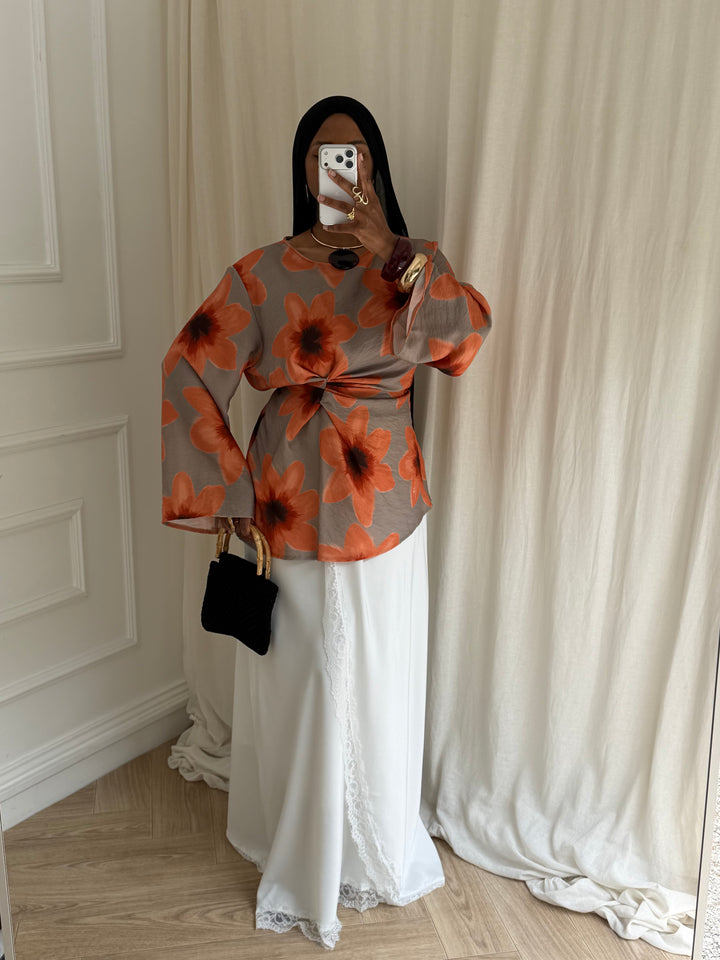 BLOUSE IMPRIMÉ SUMMER TAUPE ET ORANGE