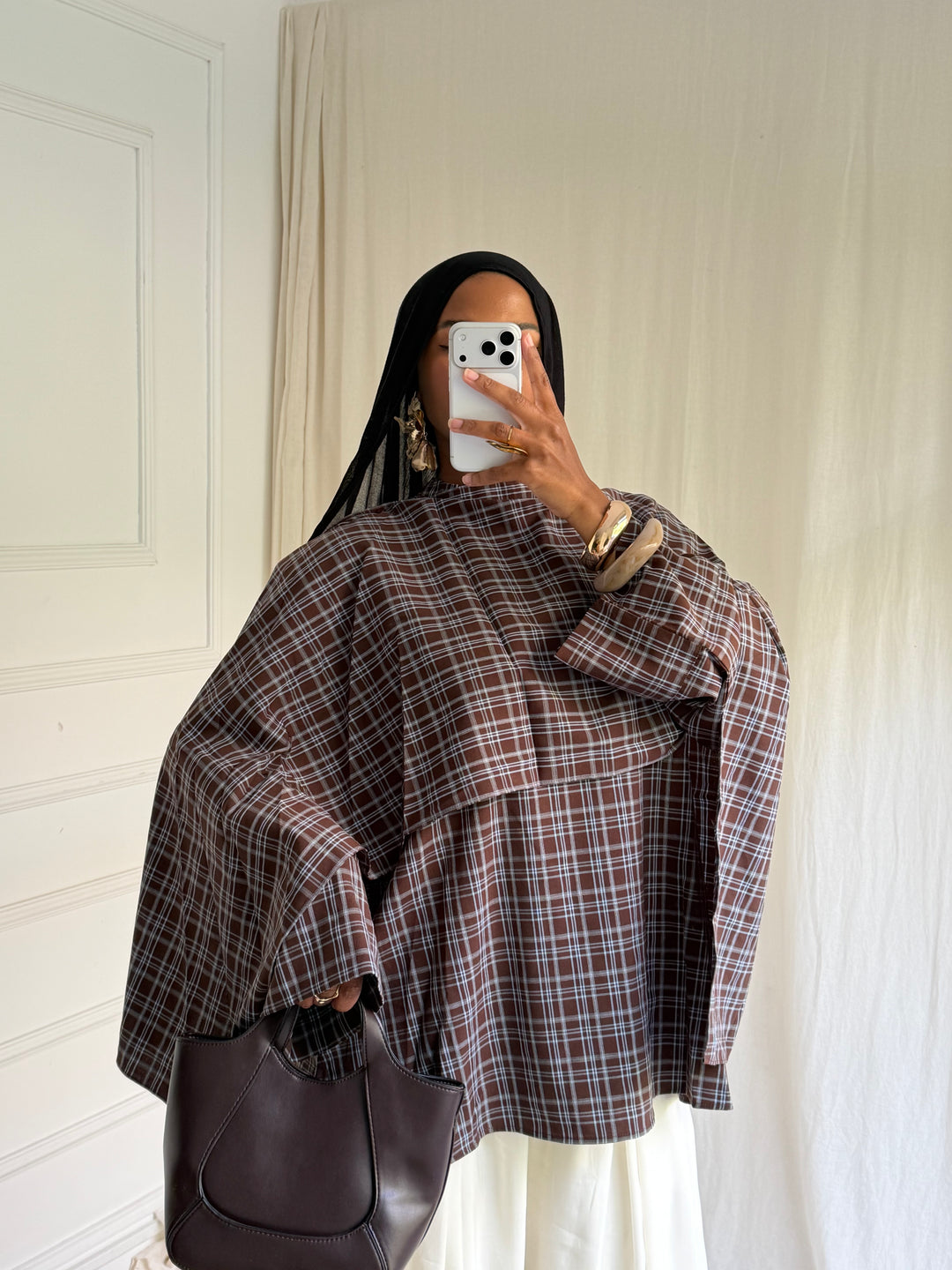 BLOUSE CARREAUX AVEC CAPE COFFEE BLUE