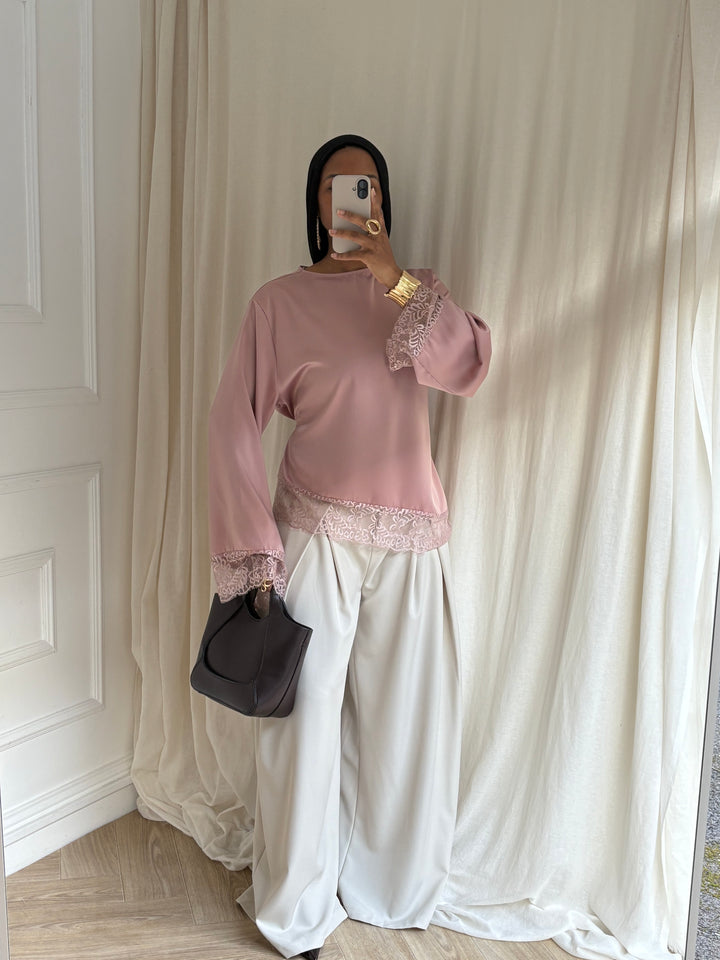 BLOUSE SATINÉE DENTELLE ROSE