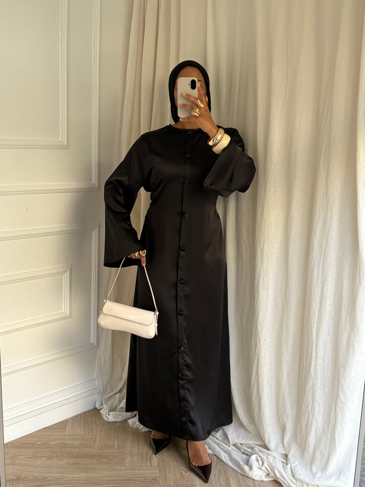 ROBE BOUTONS SATINÉ NOIRE