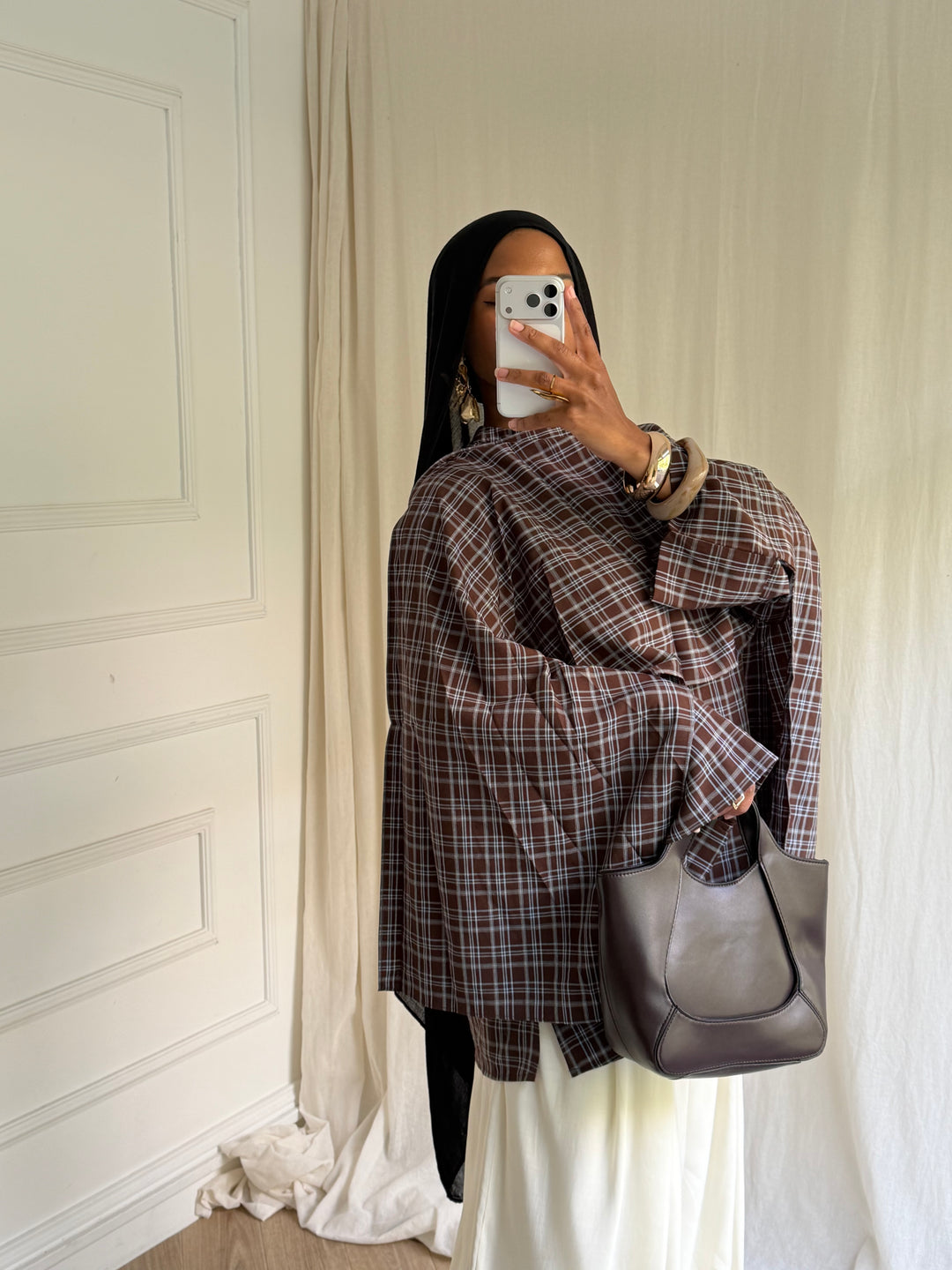 BLOUSE CARREAUX AVEC CAPE COFFEE BLUE