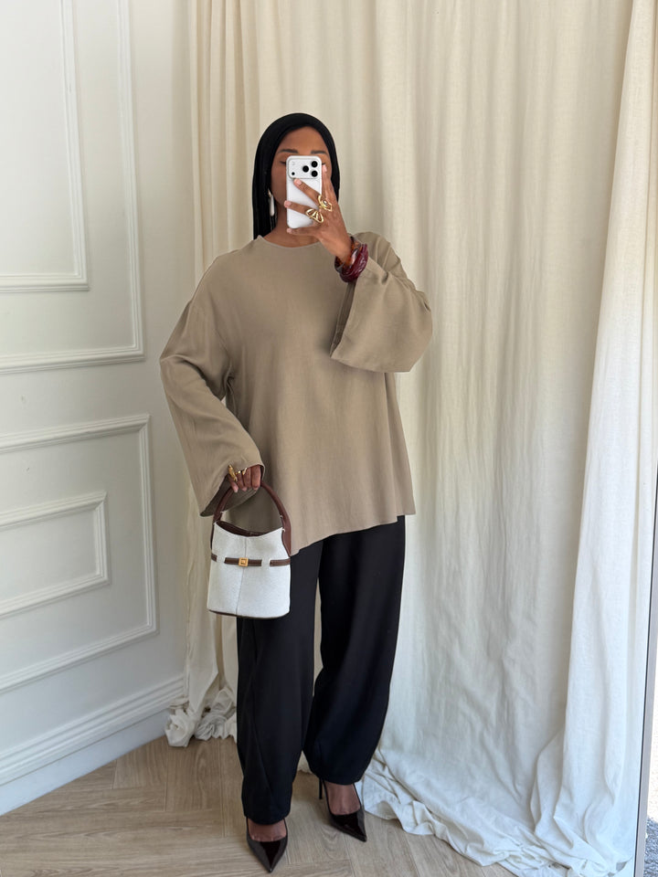 TOP LONG BASIC LIN TAUPE