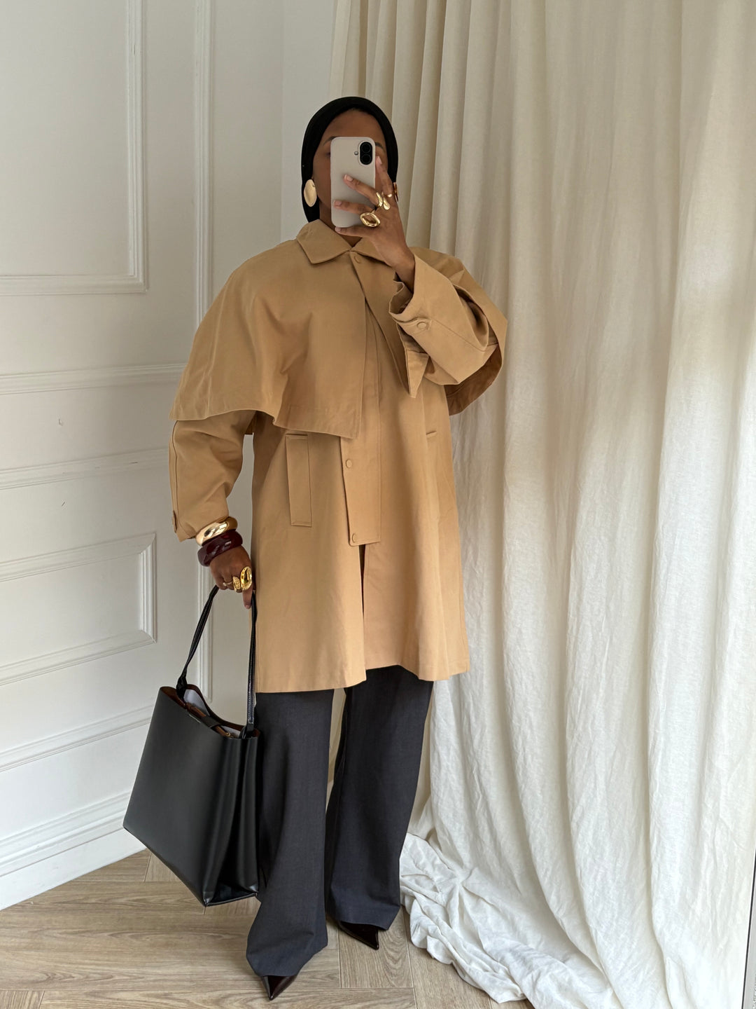VESTE OVERSIZE A CAPE AMOVIBLE CAMEL