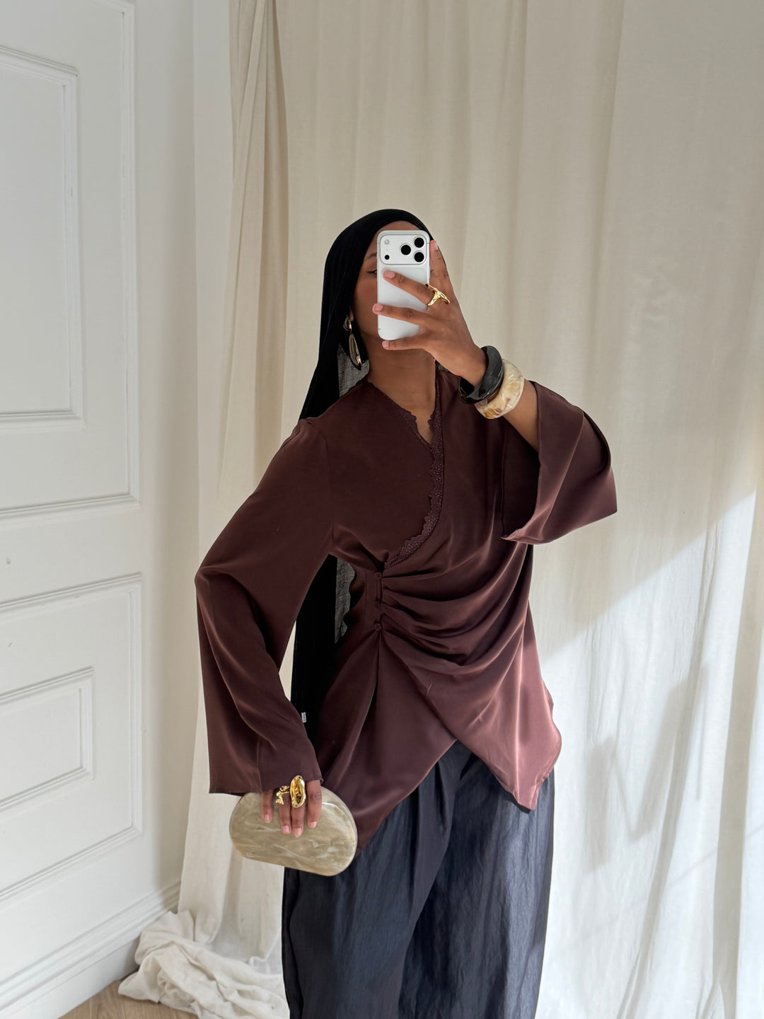 TOP SATIN DENTELLE MARRON
