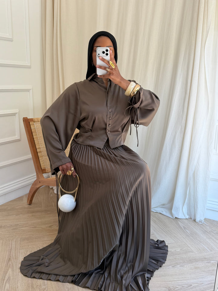 ENSEMBLE JUPE SATIN ET PLISSÉE TAUPE FONCÉ