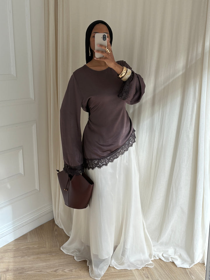 BLOUSE ASYMÉTRIQUE  DENTELLE TAUPE FONCÉ