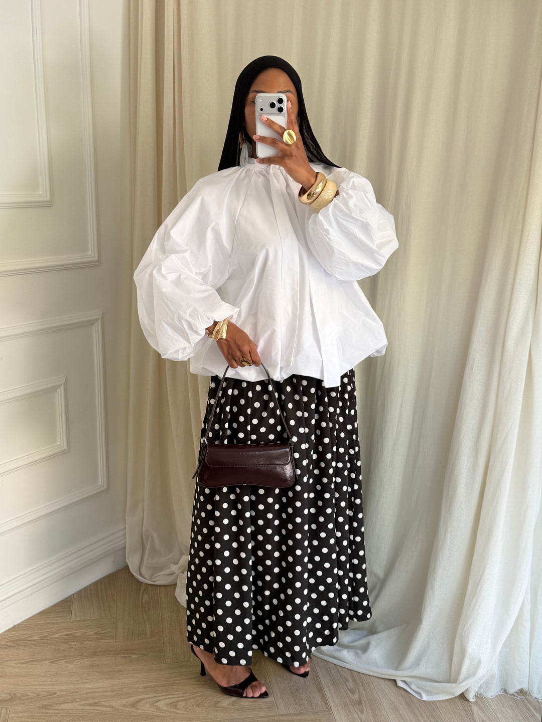 JUPE COTON À POIS NOIRE