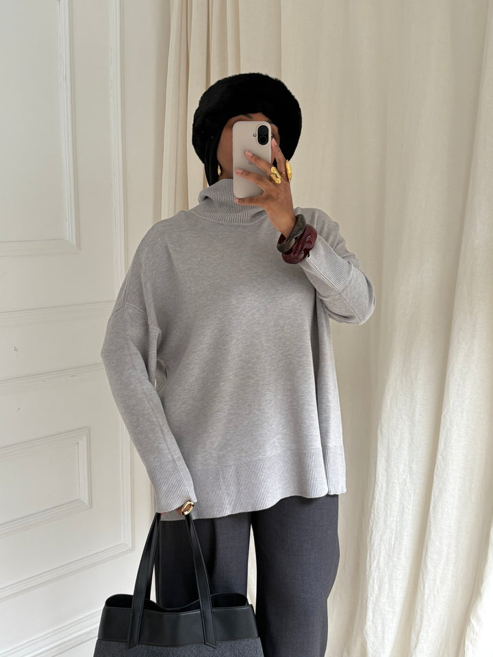 PULL FIN COL ROULÉ GRIS CLAIR