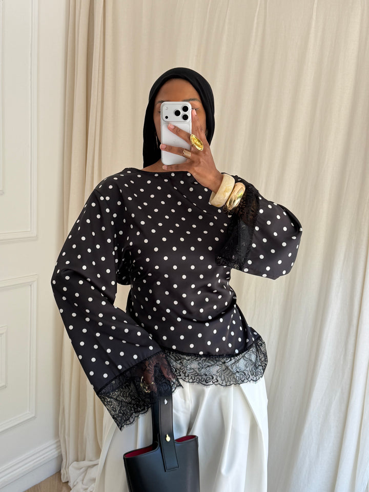 BLOUSE COURTE À POIS NOIRE