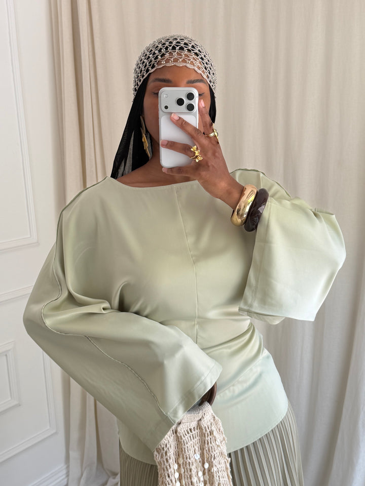 BLOUSE SATIN MANCHES ÉVASÉE VERT