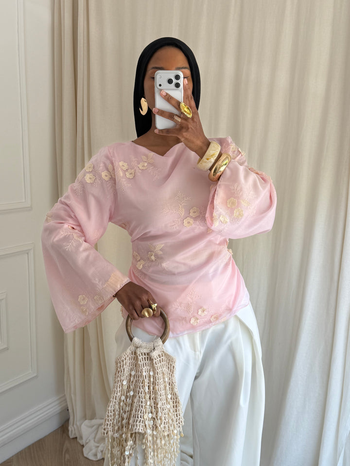 BLOUSE COURTE À FLEURS ROSE