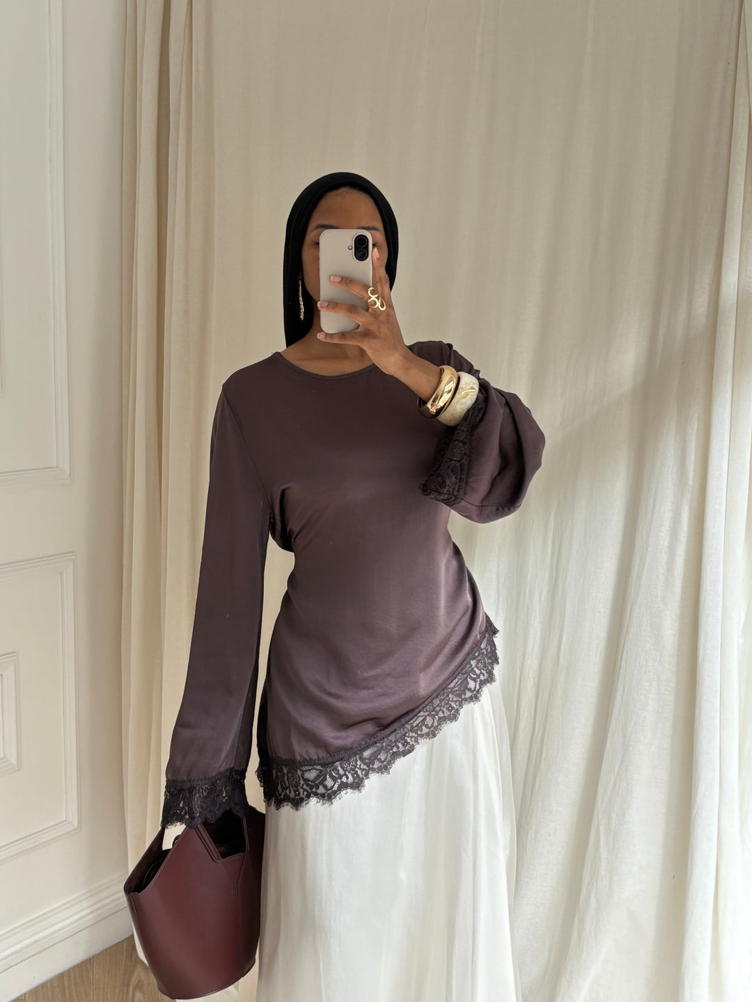 BLOUSE ASYMÉTRIQUE  DENTELLE TAUPE FONCÉ