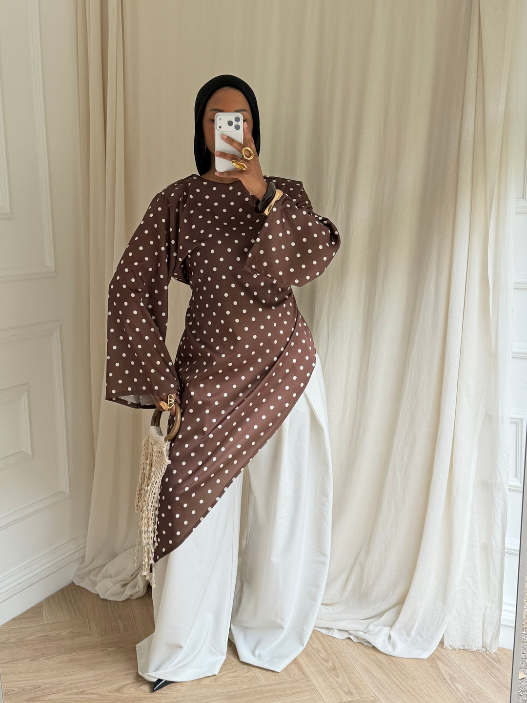BLOUSE LONGUE À POIS MARRON
