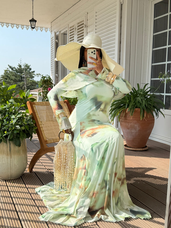 ROBE IMPRIMÉE DRAPÉE LUXE VERT