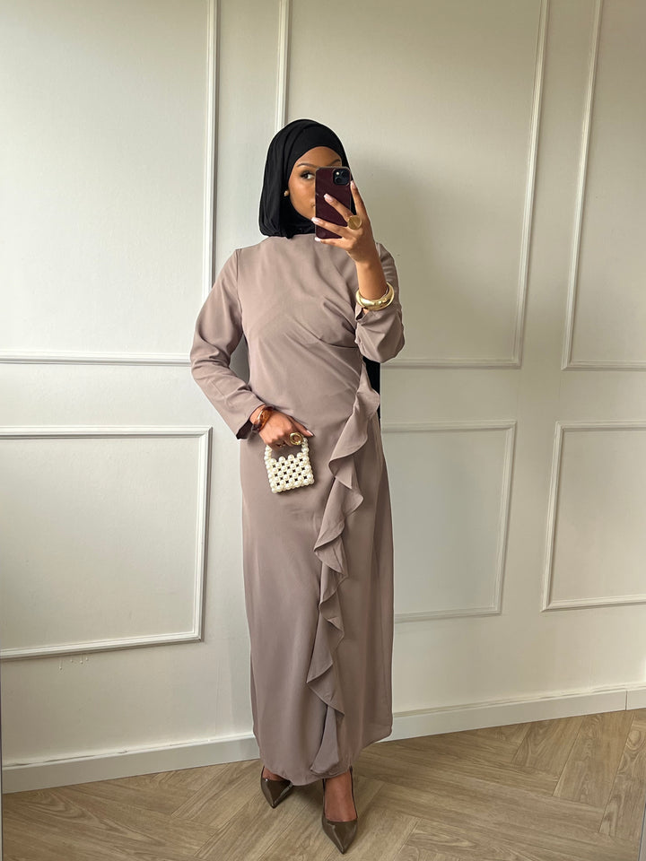 ROBE LONGUE DRAPÉE TAUPE
