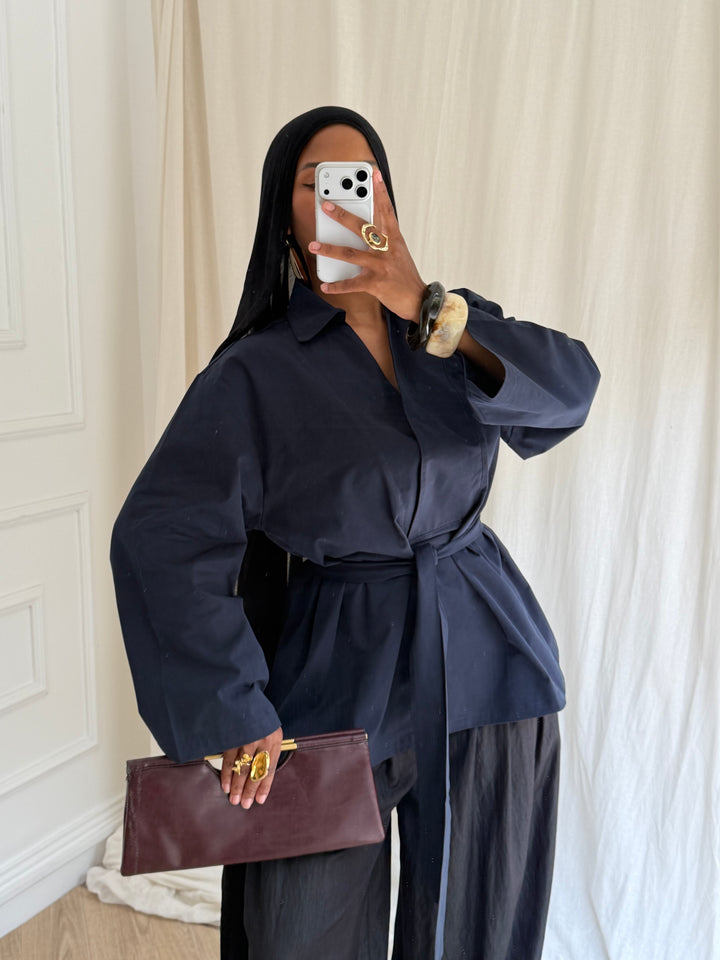 TOP OVERSIZE A CEINTURE BLEU MARINE