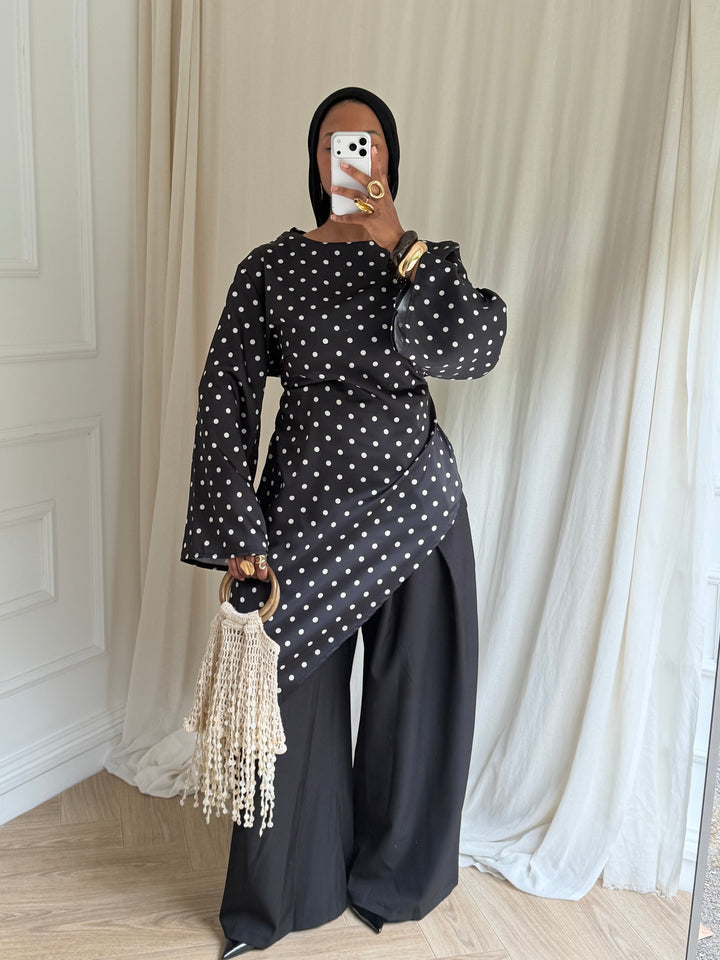 BLOUSE LONGUE À POIS NOIRE