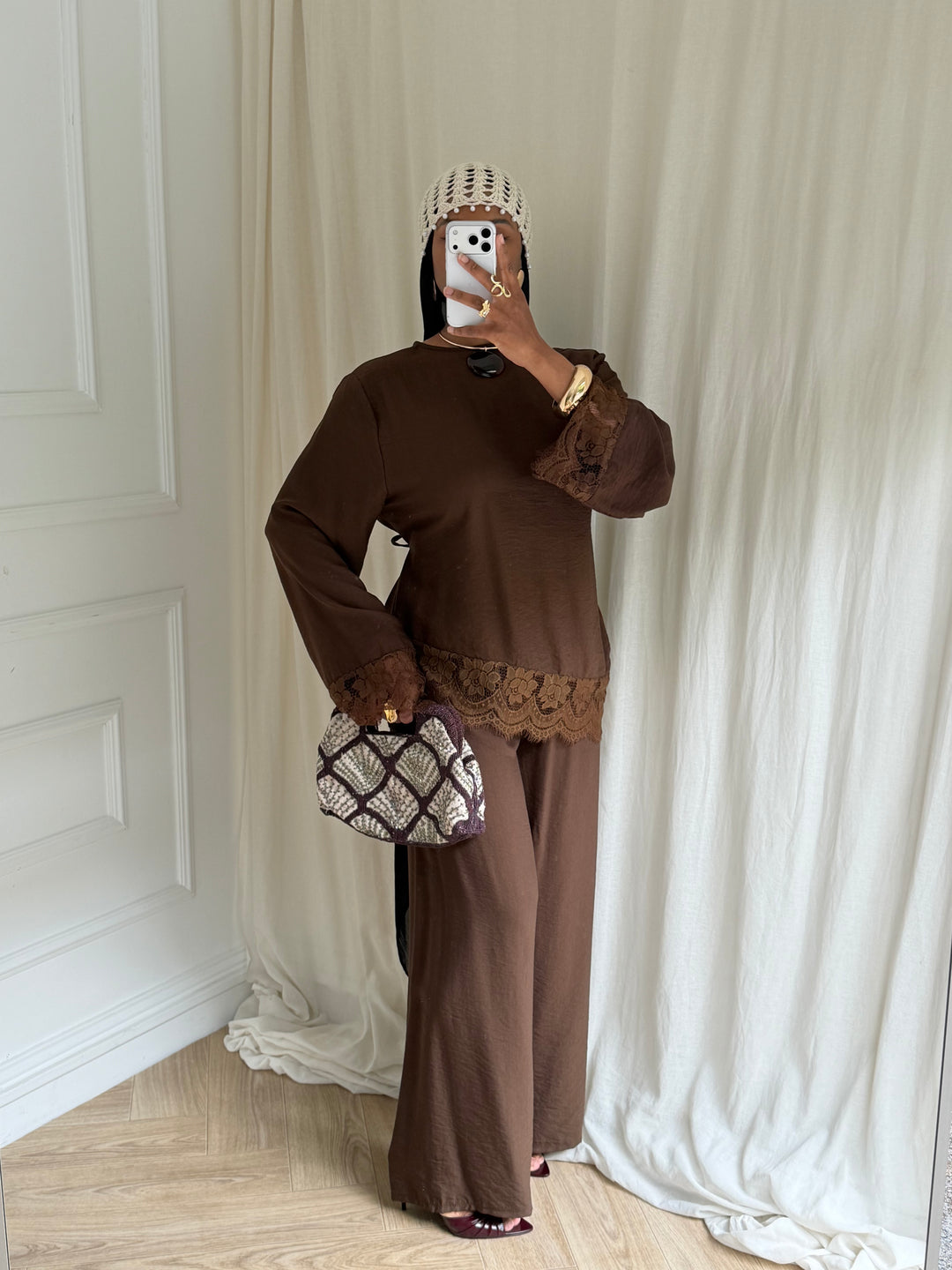 ENSEMBLE PANTALON DENTELLE MARRON