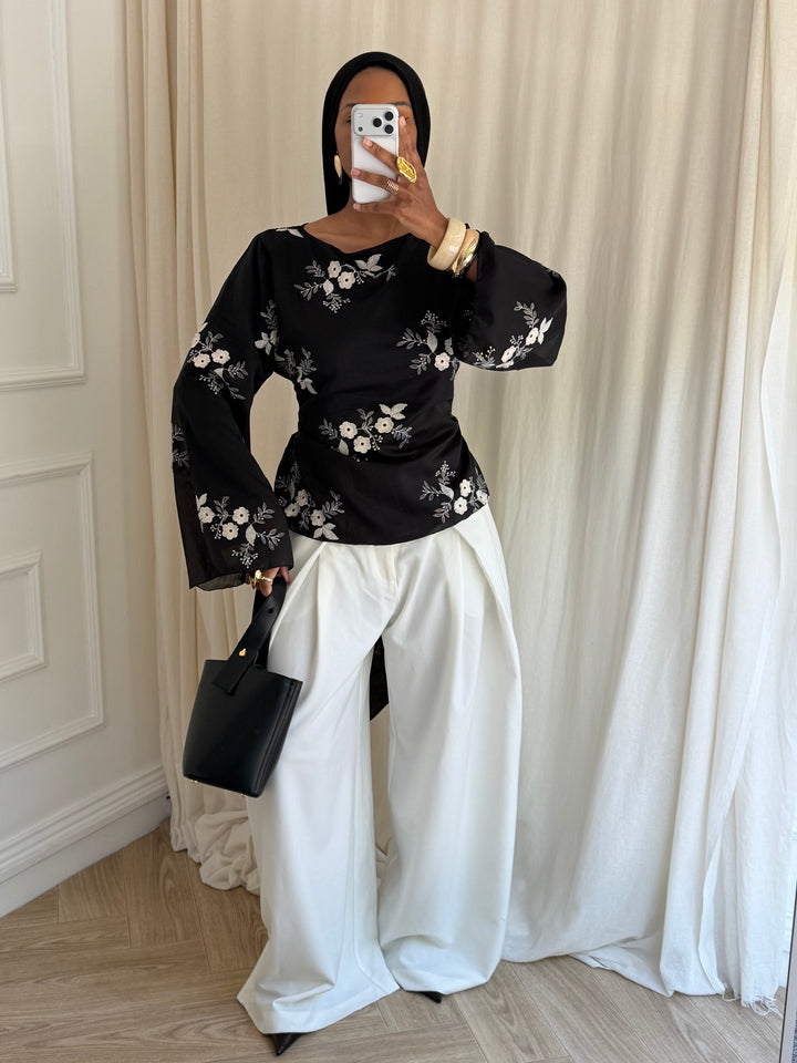 BLOUSE COURTE À FLEURS NOIRE