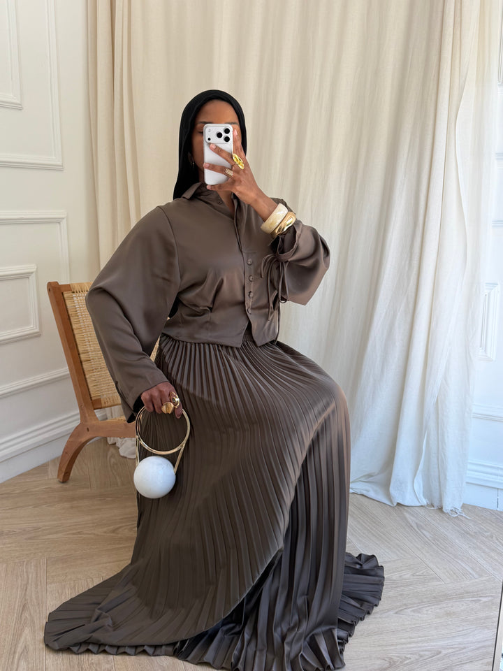 ENSEMBLE JUPE SATIN ET PLISSÉE TAUPE FONCÉ