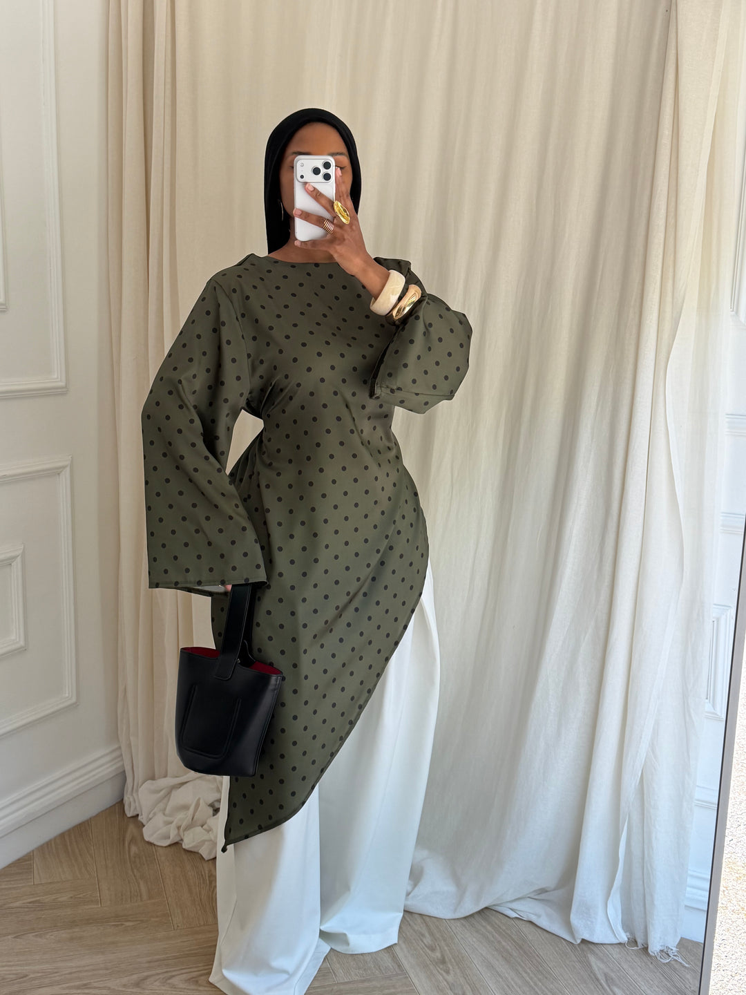 BLOUSE LONGUE À POIS KAKI