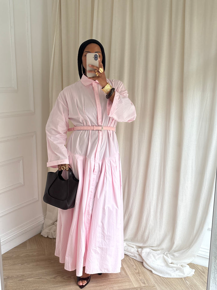 ROBE LONGUE PLISSÉE EN COTON ROSE BABY