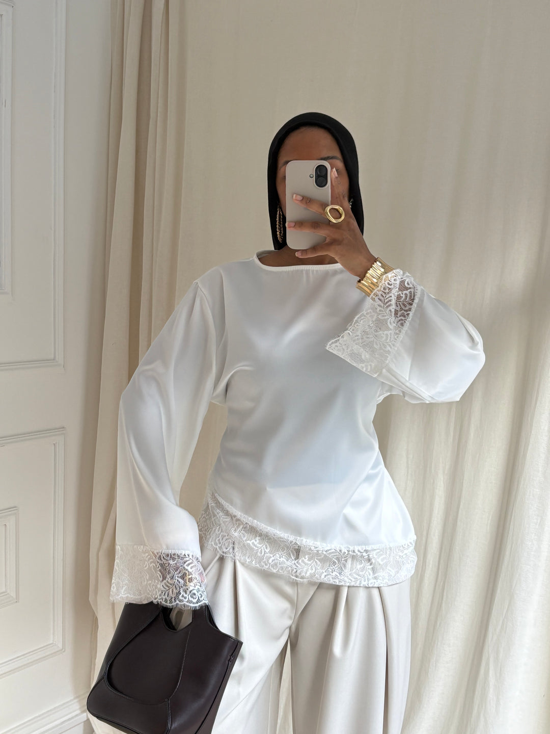 BLOUSE SATINÉE DENTELLE BLANC