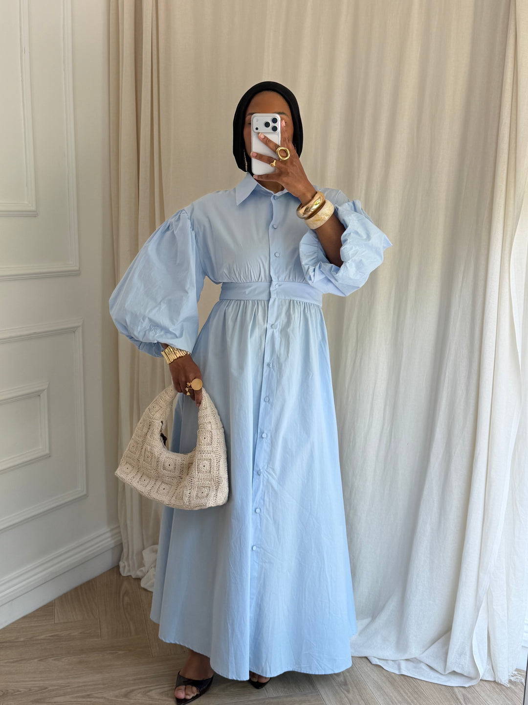 ROBE MANCHE BALLON BLEU CIEL