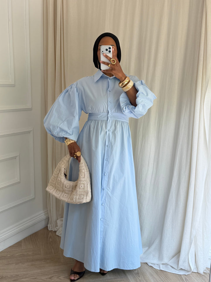 ROBE MANCHE BALLON BLEU CIEL